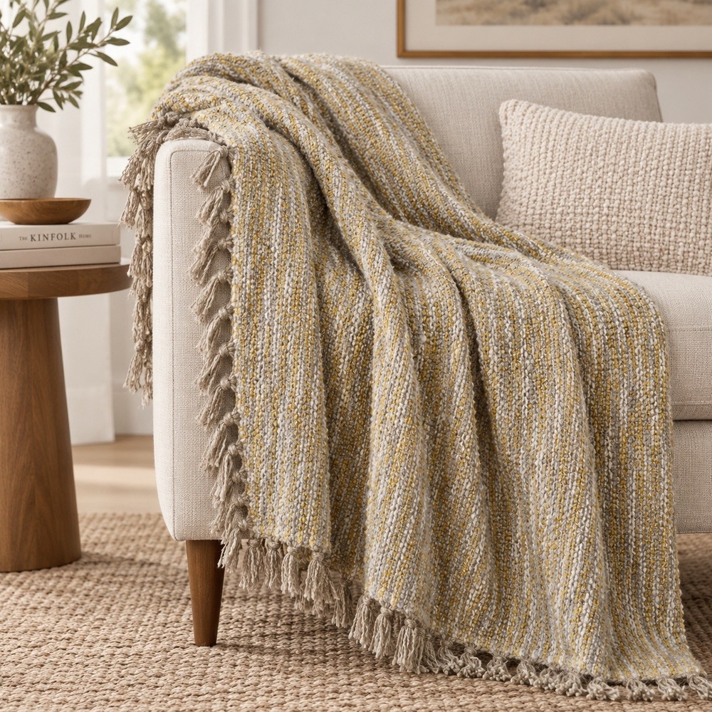 West Elm 44x56 Throw Blanket Mustard Yellow Textured Knit Fringe Boho Modern